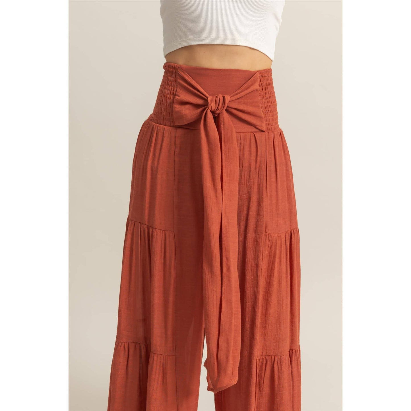 Front Tie Waist Tiered Palazzo Pants