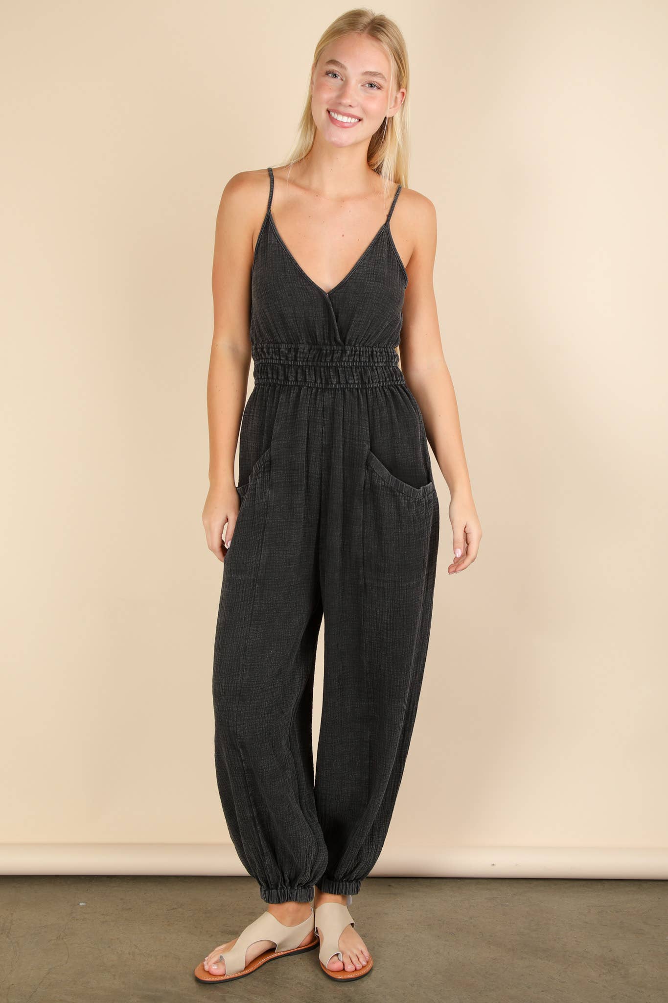 Mineral Washed Cotton Gauze Casual Jumpsuit: DENIM