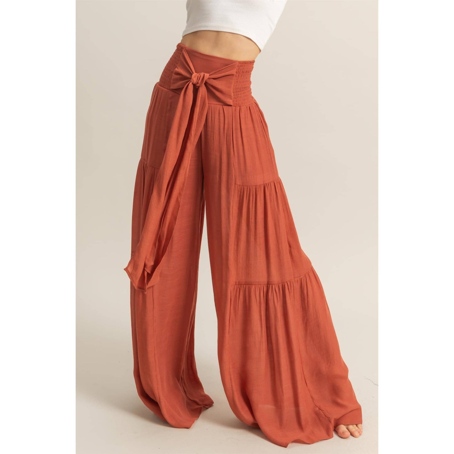 Front Tie Waist Tiered Palazzo Pants