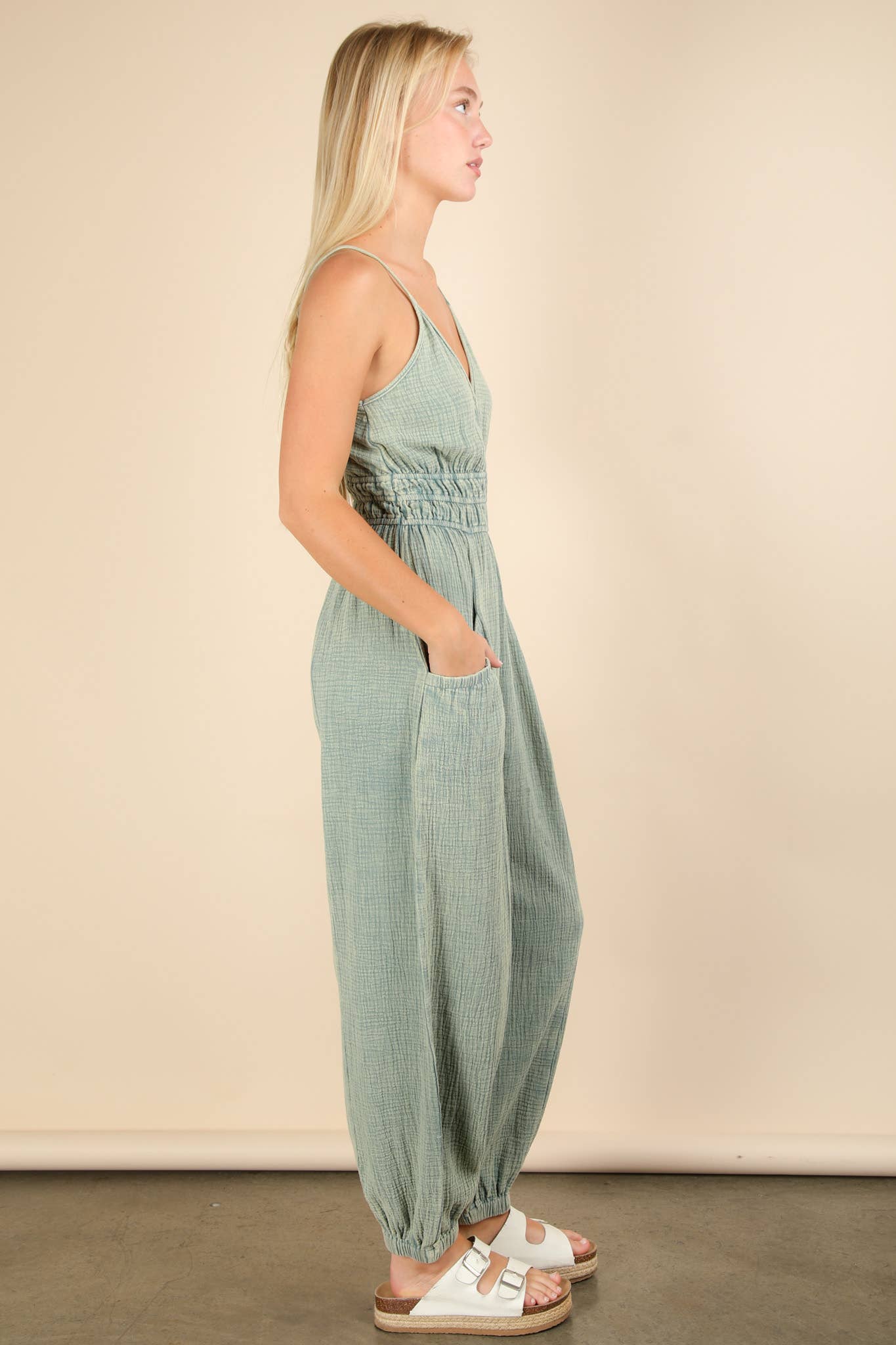 Mineral Washed Cotton Gauze Casual Jumpsuit: DENIM