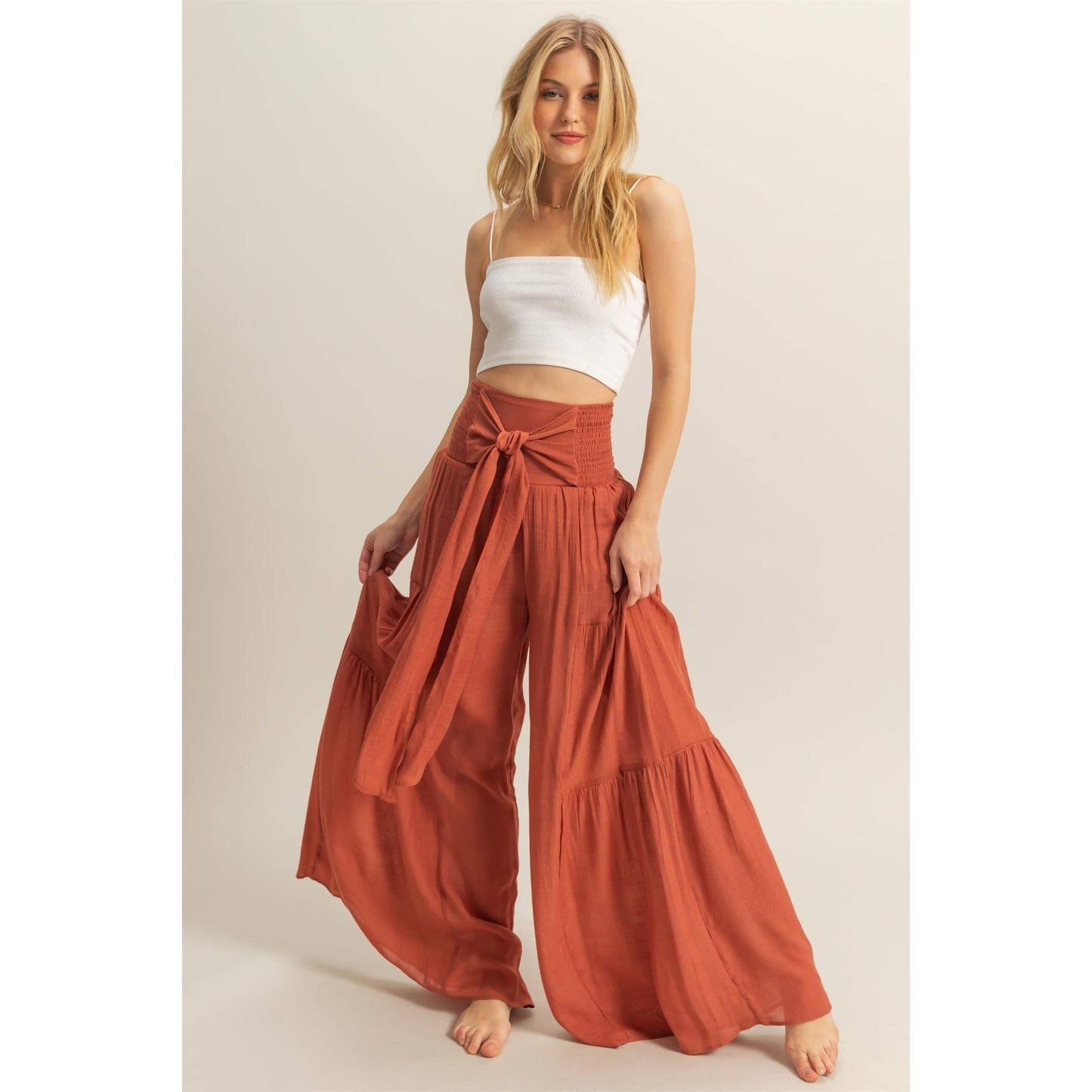 Front Tie Waist Tiered Palazzo Pants