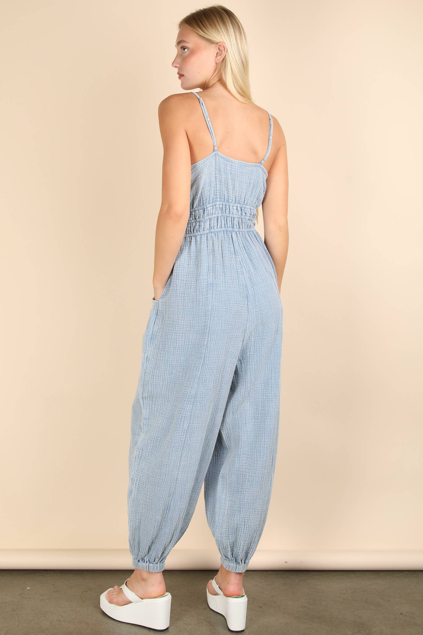 Mineral Washed Cotton Gauze Casual Jumpsuit: DENIM