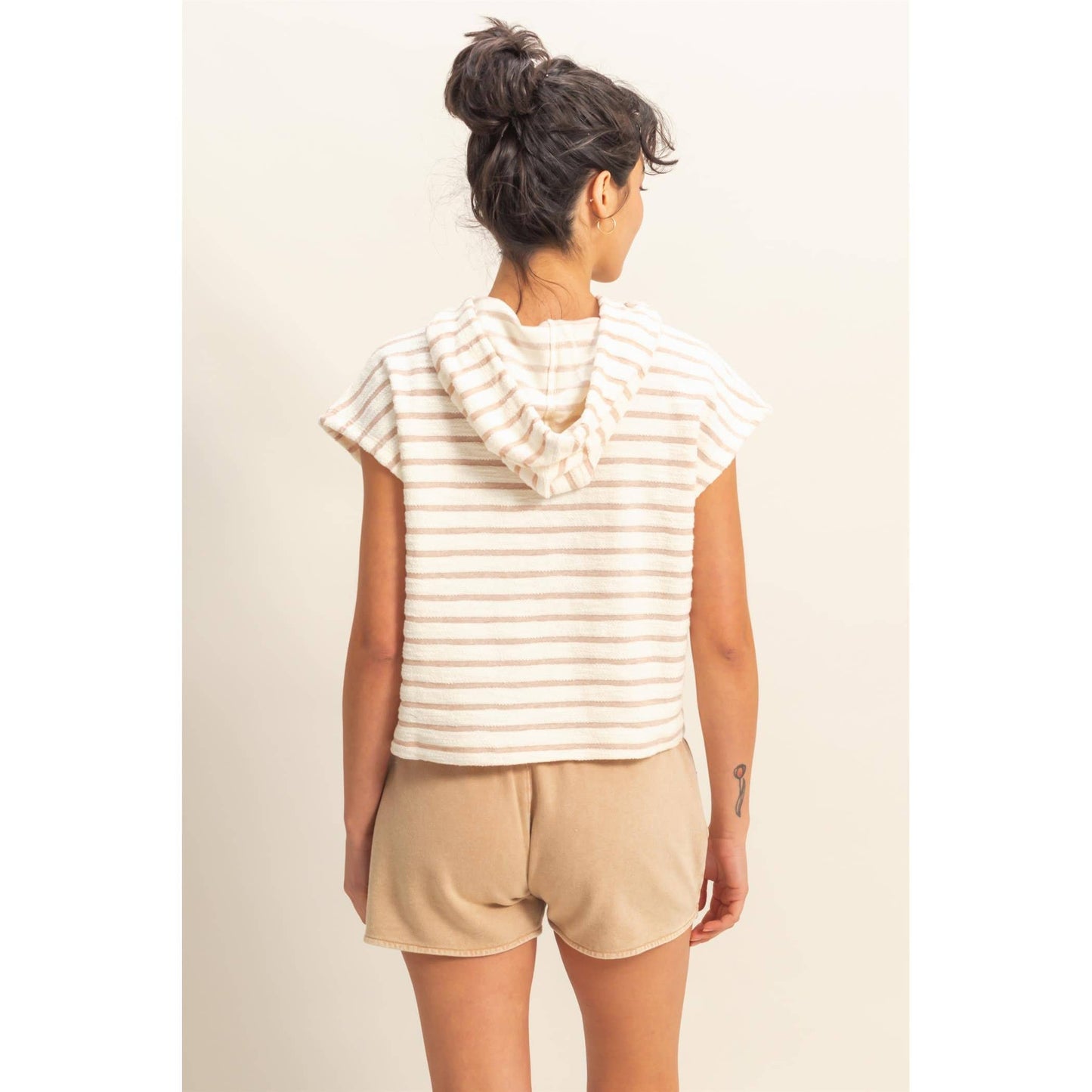 Striped Short Sleeve Pullover Hoodie Top