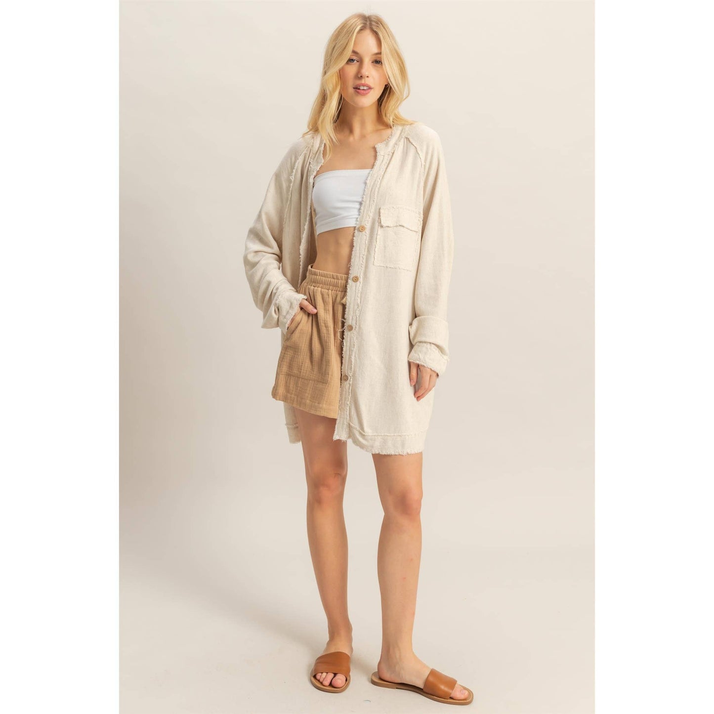 Double Gauze Raw Edge V Neck Tunic Top