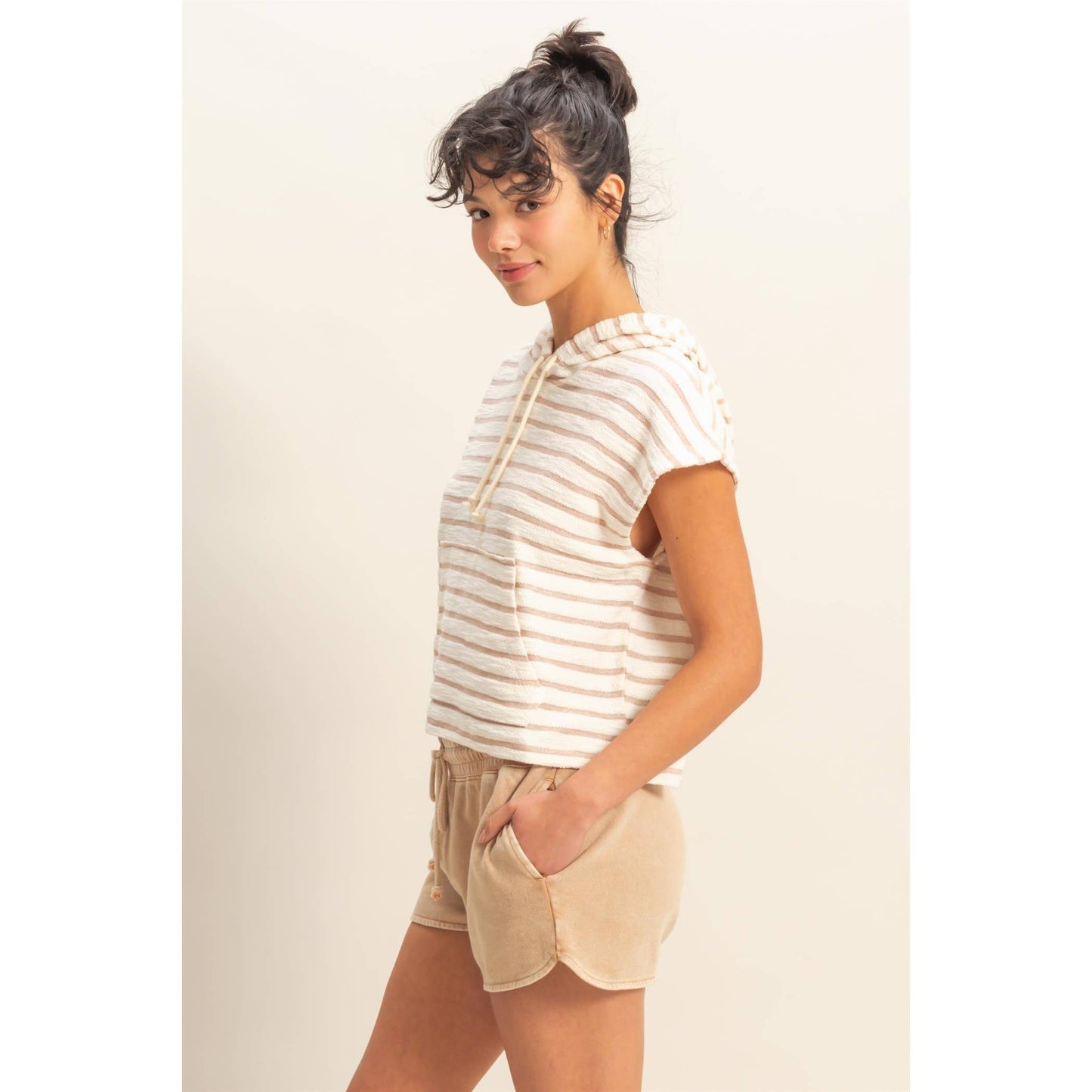 Striped Short Sleeve Pullover Hoodie Top