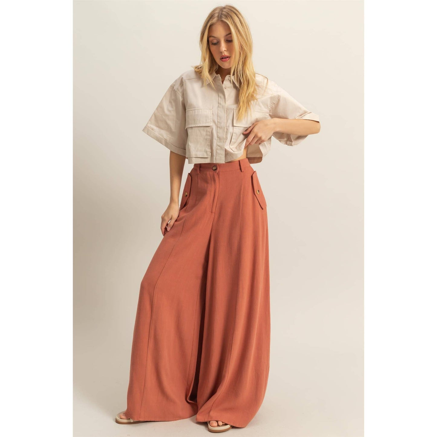 Linen Blended High Waist Flowy Pants