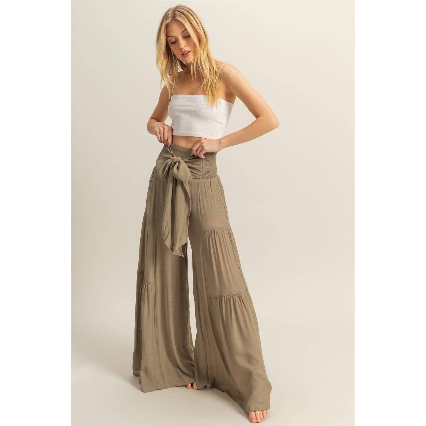 Front Tie Waist Tiered Palazzo Pants