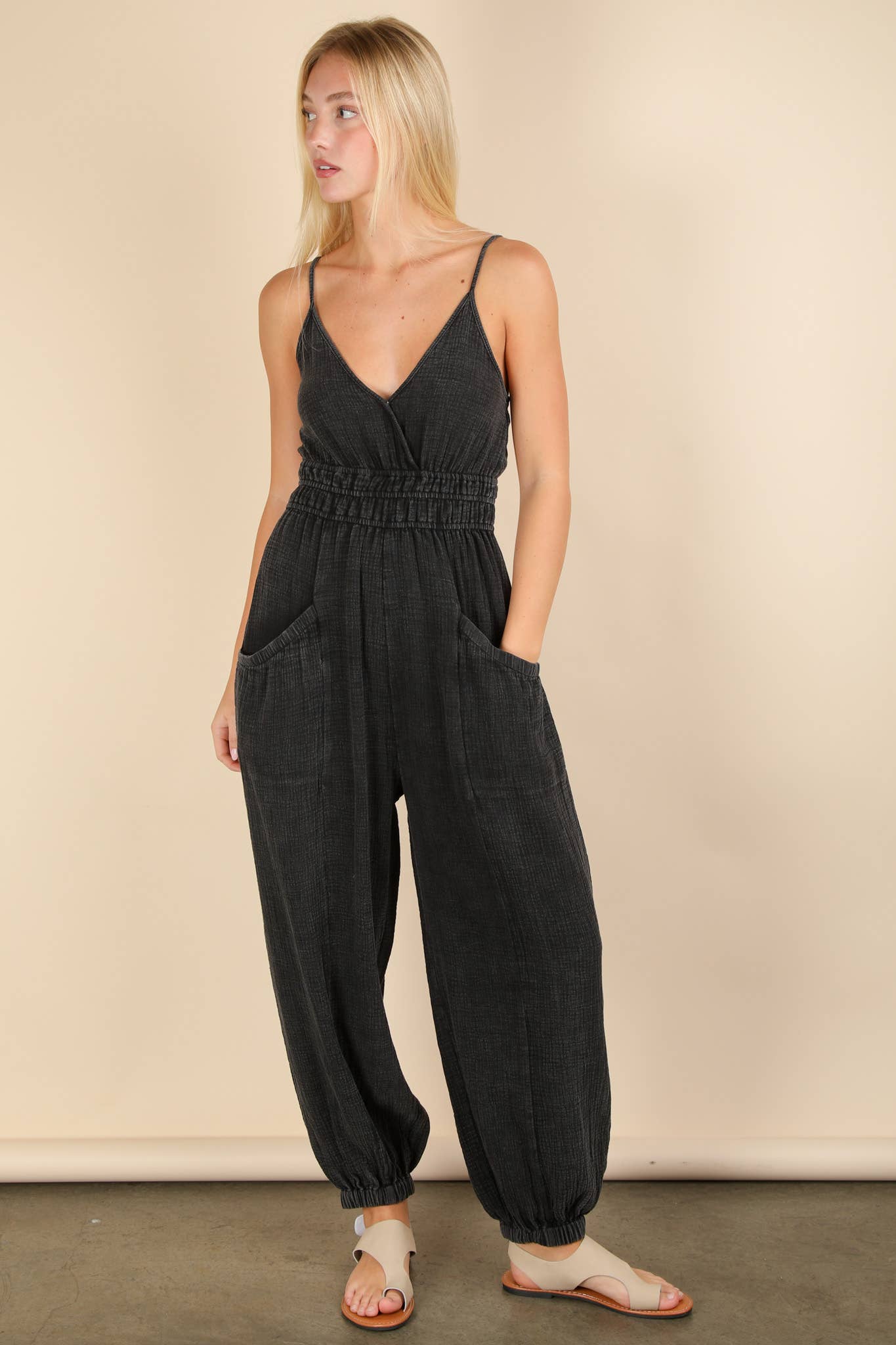Mineral Washed Cotton Gauze Casual Jumpsuit: DENIM