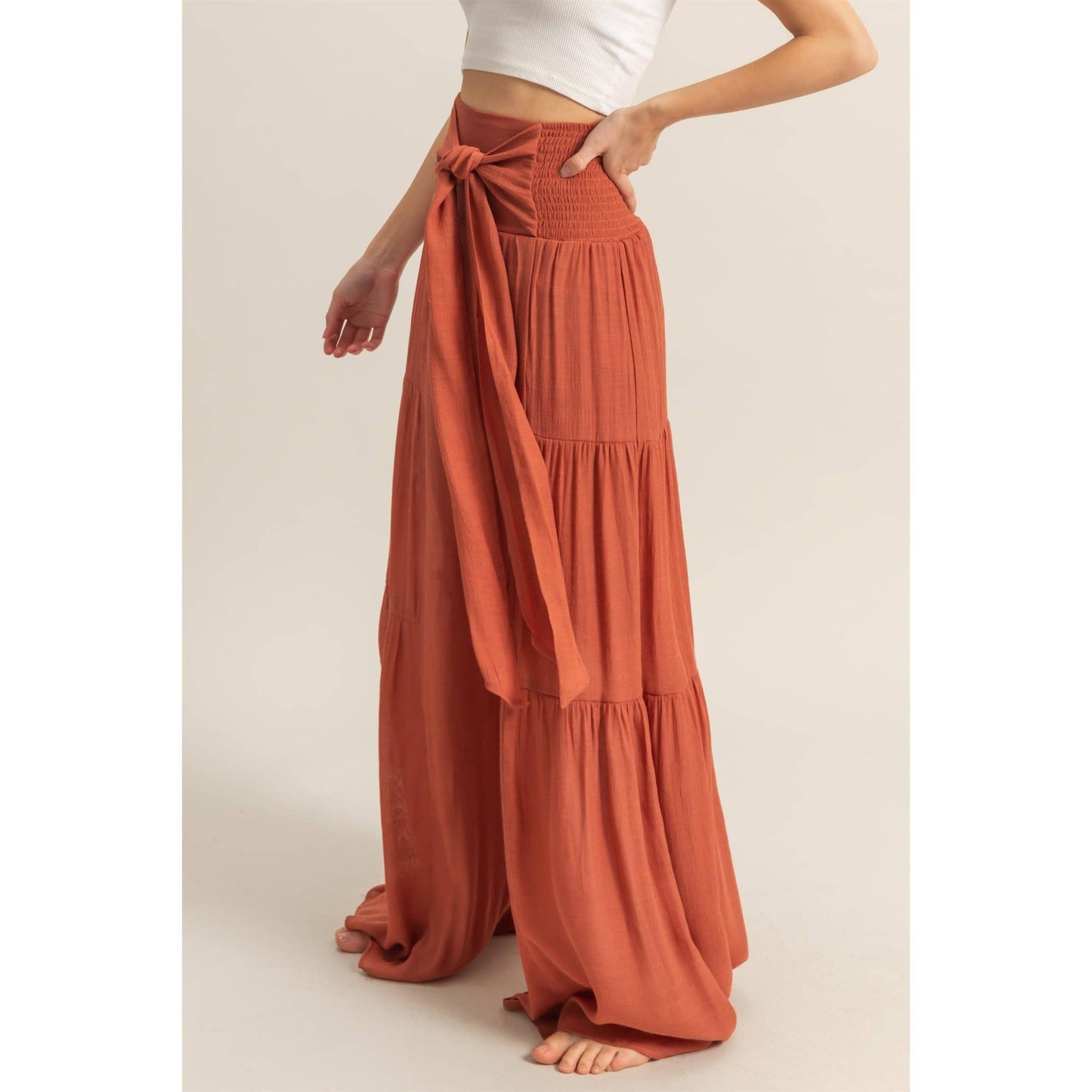 Front Tie Waist Tiered Palazzo Pants