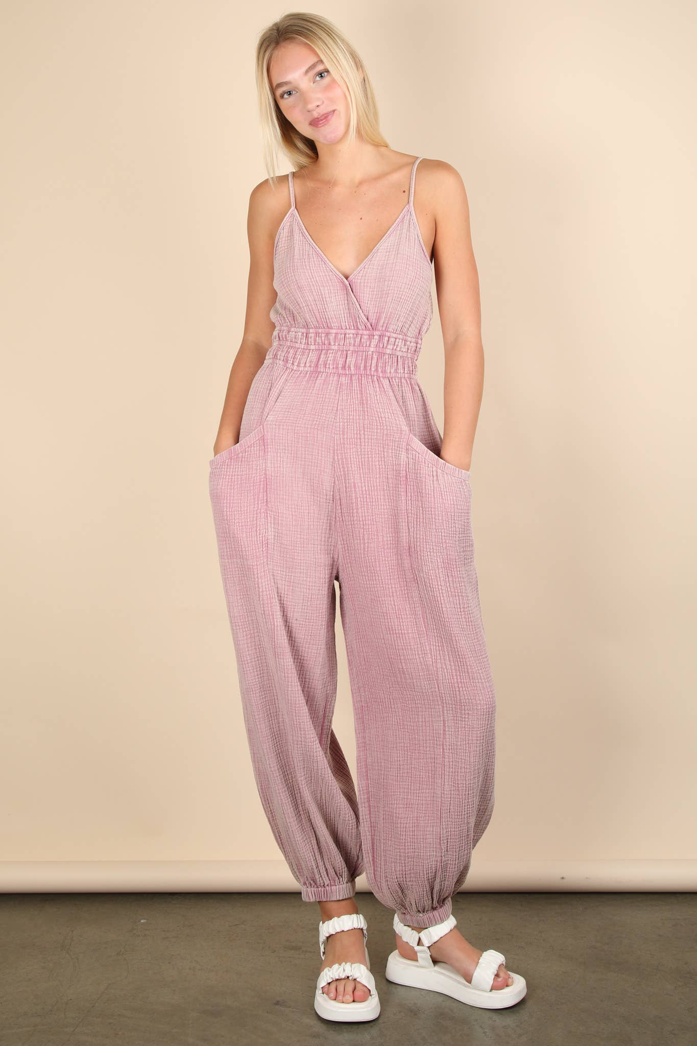 Mineral Washed Cotton Gauze Casual Jumpsuit: DENIM