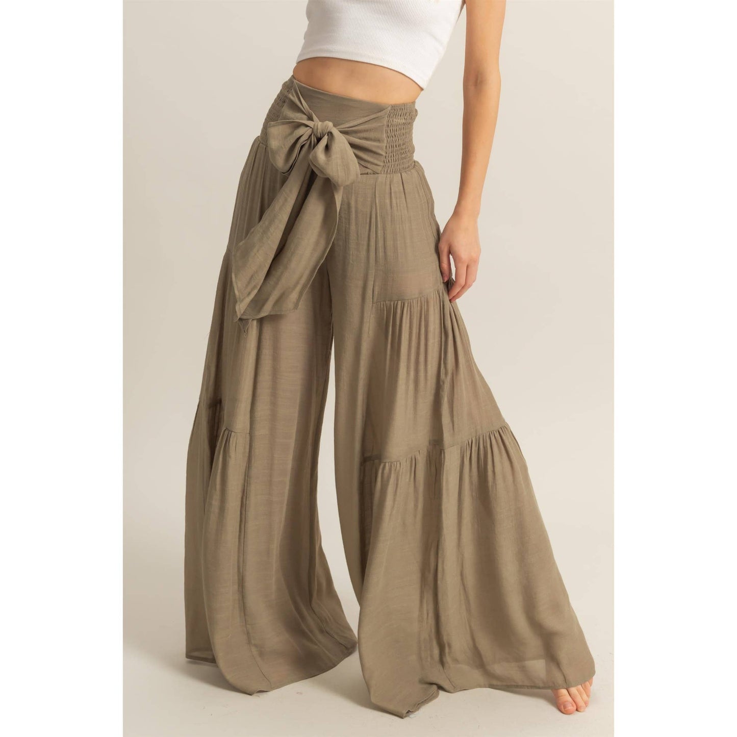 Front Tie Waist Tiered Palazzo Pants