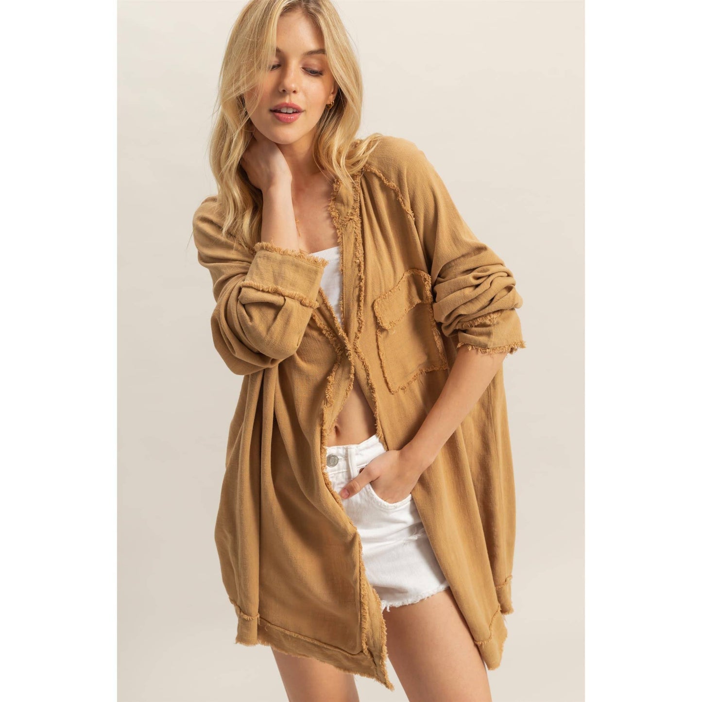 Double Gauze Raw Edge V Neck Tunic Top