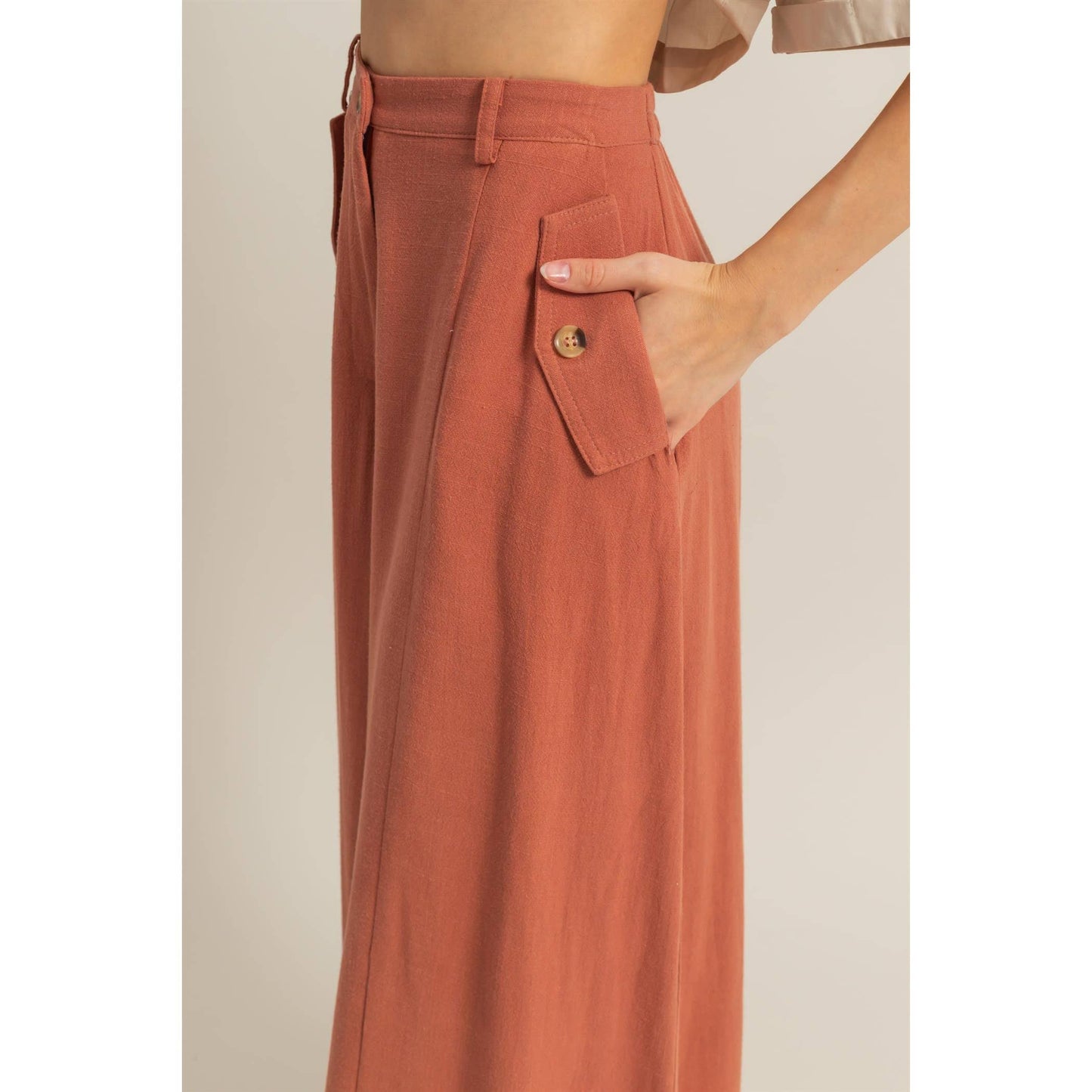 Linen Blended High Waist Flowy Pants