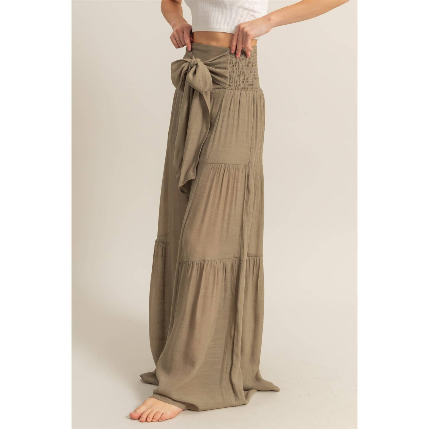 Front Tie Waist Tiered Palazzo Pants