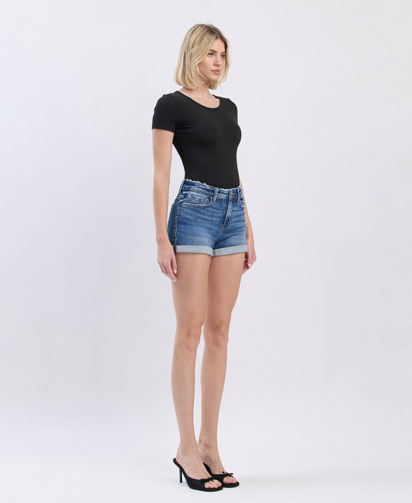 HIGH RISE DOUBLE CUFFED DENIM SHORTS