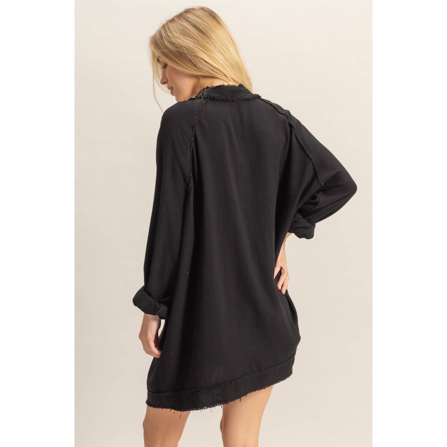 Double Gauze Raw Edge V Neck Tunic Top