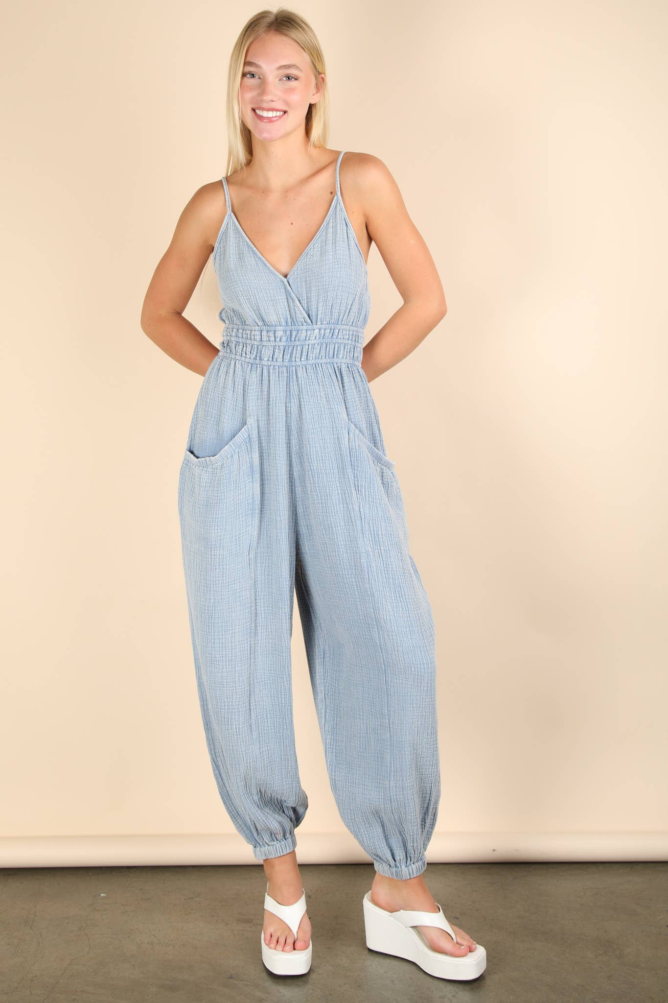 Mineral Washed Cotton Gauze Casual Jumpsuit: DENIM