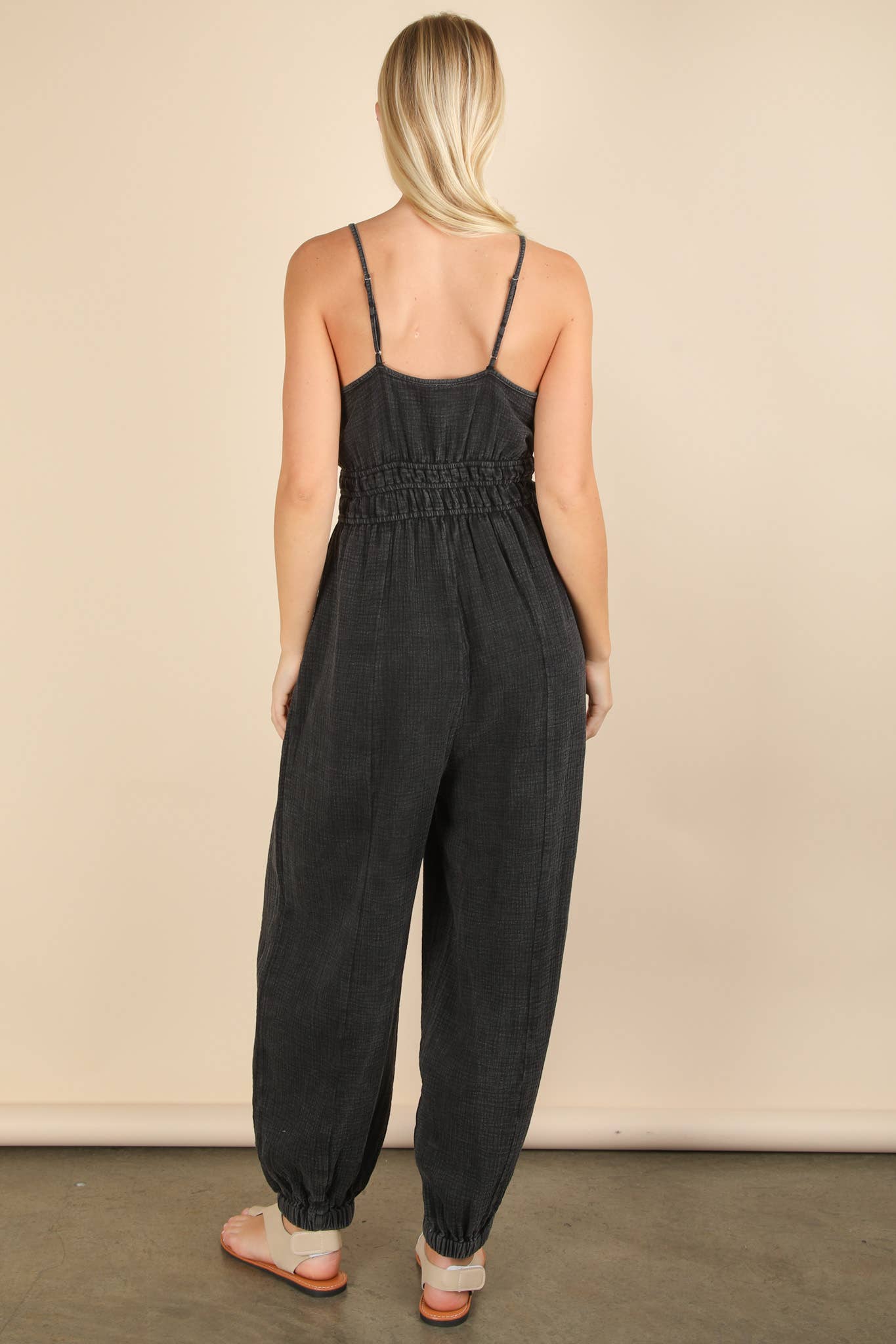 Mineral Washed Cotton Gauze Casual Jumpsuit: DENIM