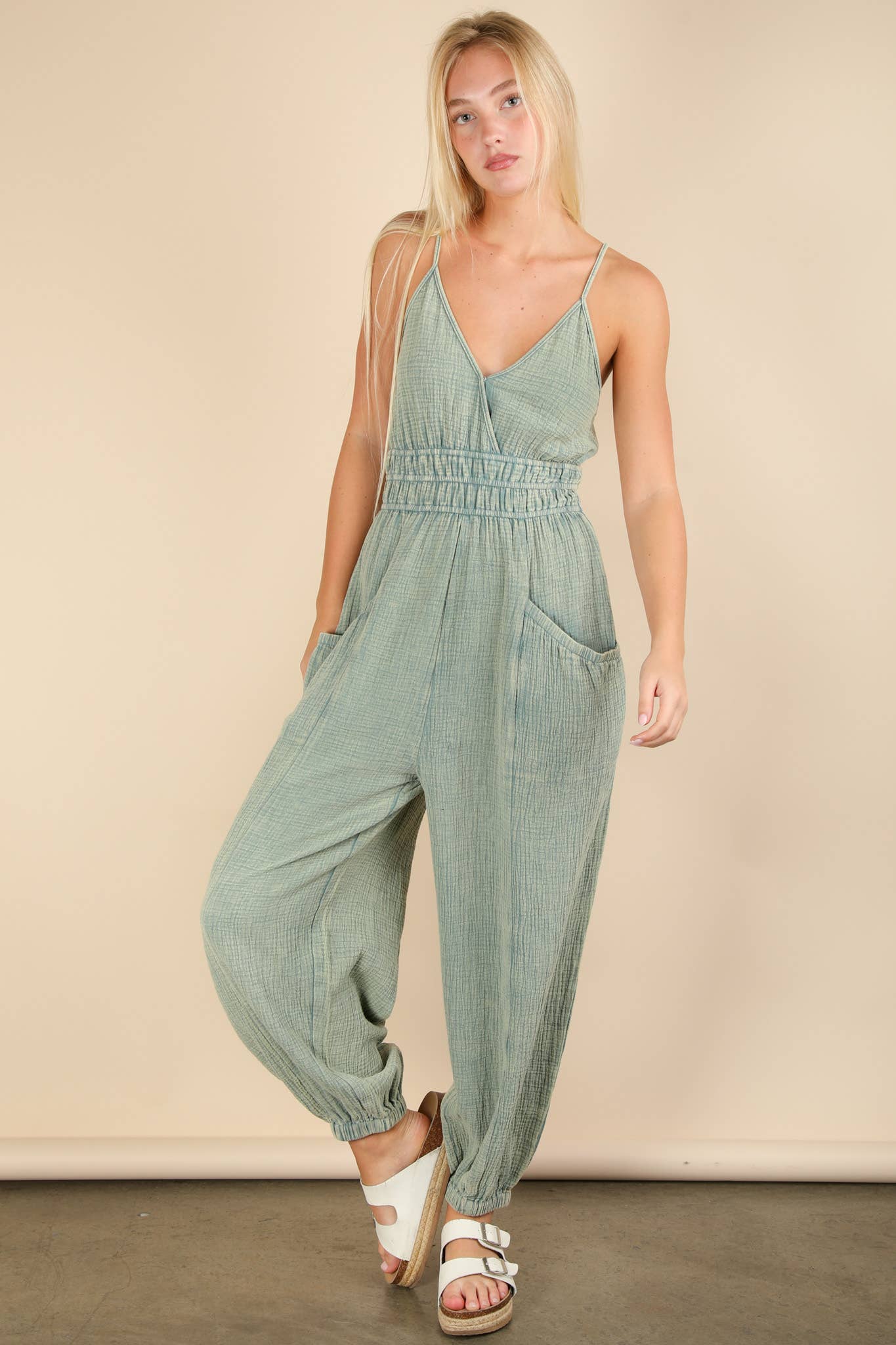 Mineral Washed Cotton Gauze Casual Jumpsuit: DENIM