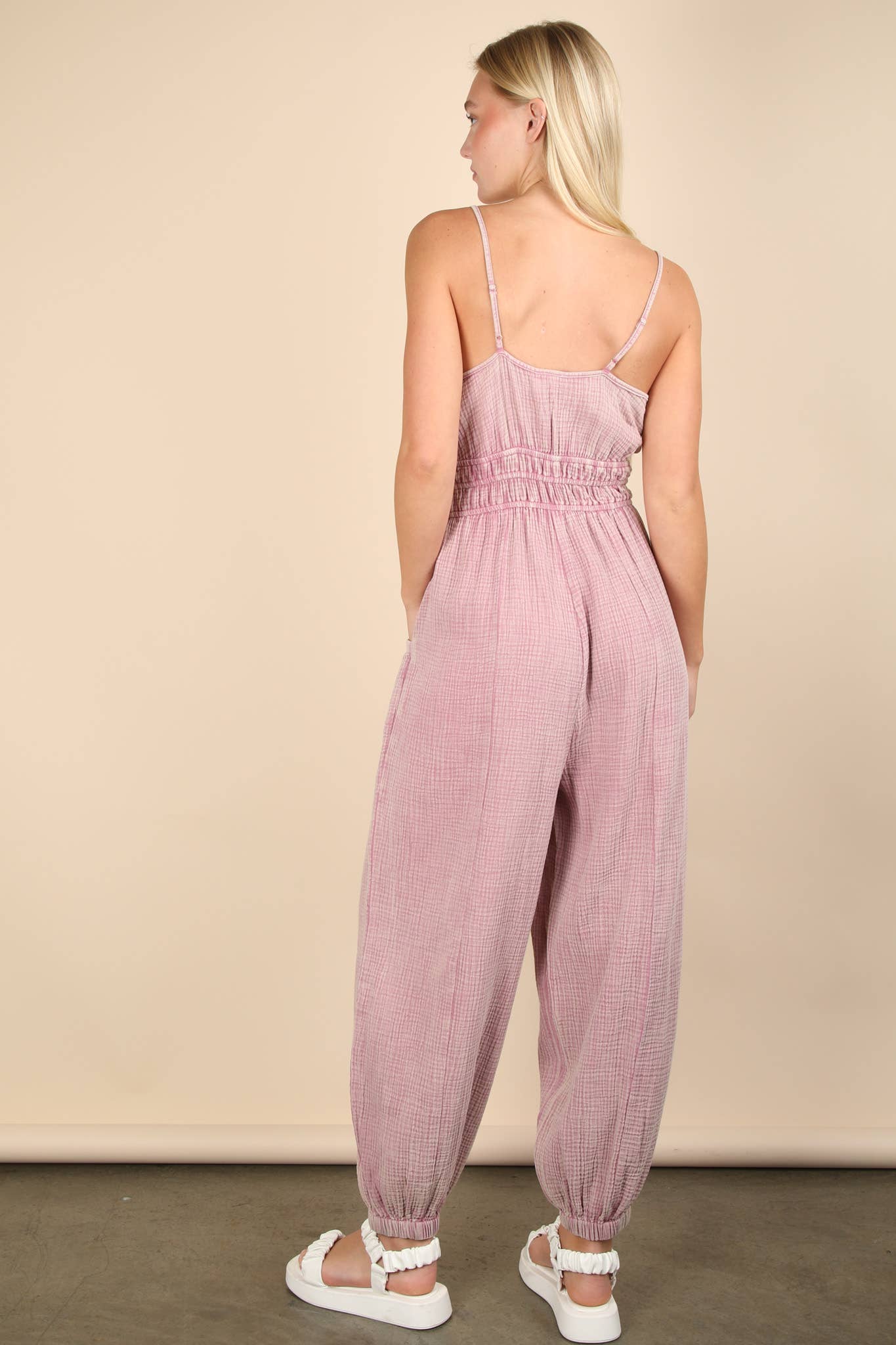 Mineral Washed Cotton Gauze Casual Jumpsuit: DENIM