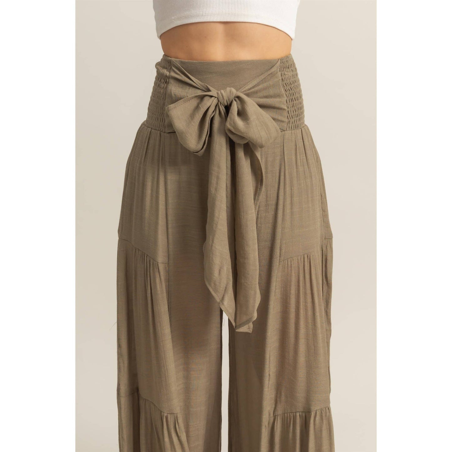 Front Tie Waist Tiered Palazzo Pants