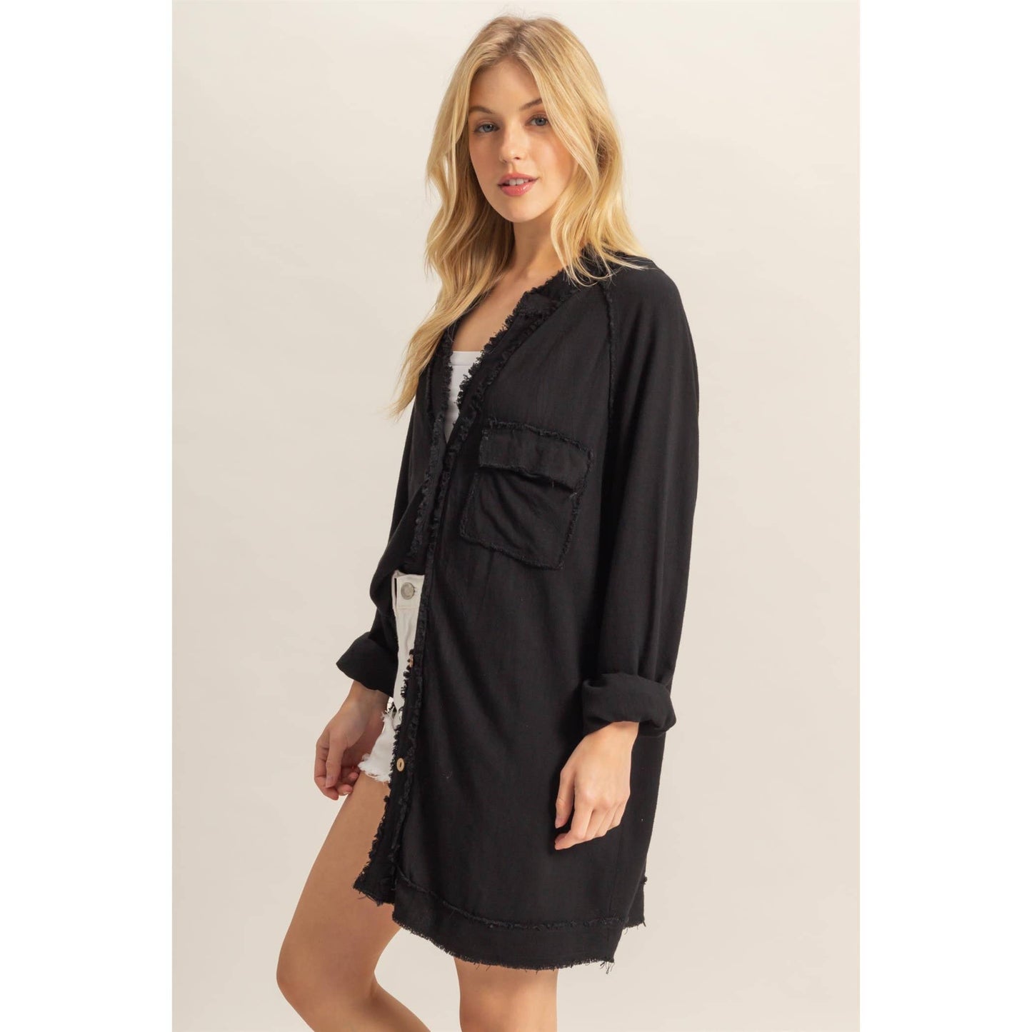Double Gauze Raw Edge V Neck Tunic Top
