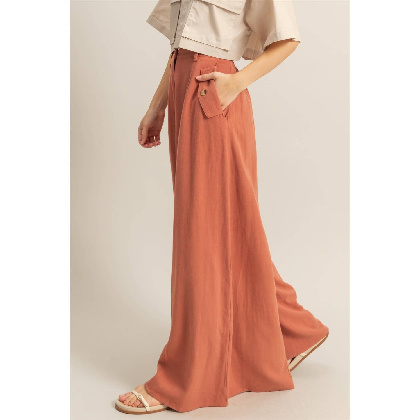 Linen Blended High Waist Flowy Pants