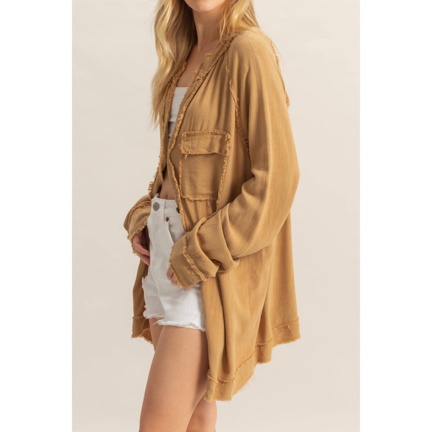 Double Gauze Raw Edge V Neck Tunic Top