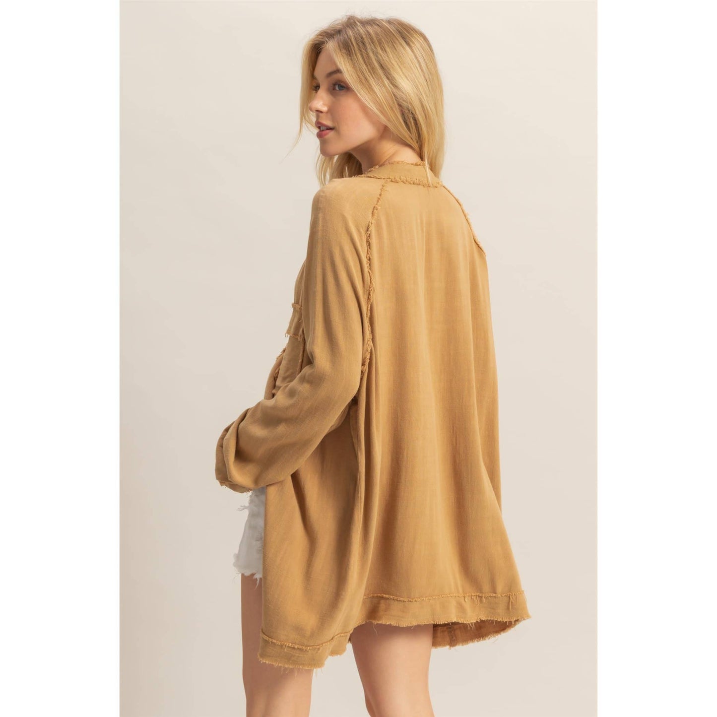 Double Gauze Raw Edge V Neck Tunic Top