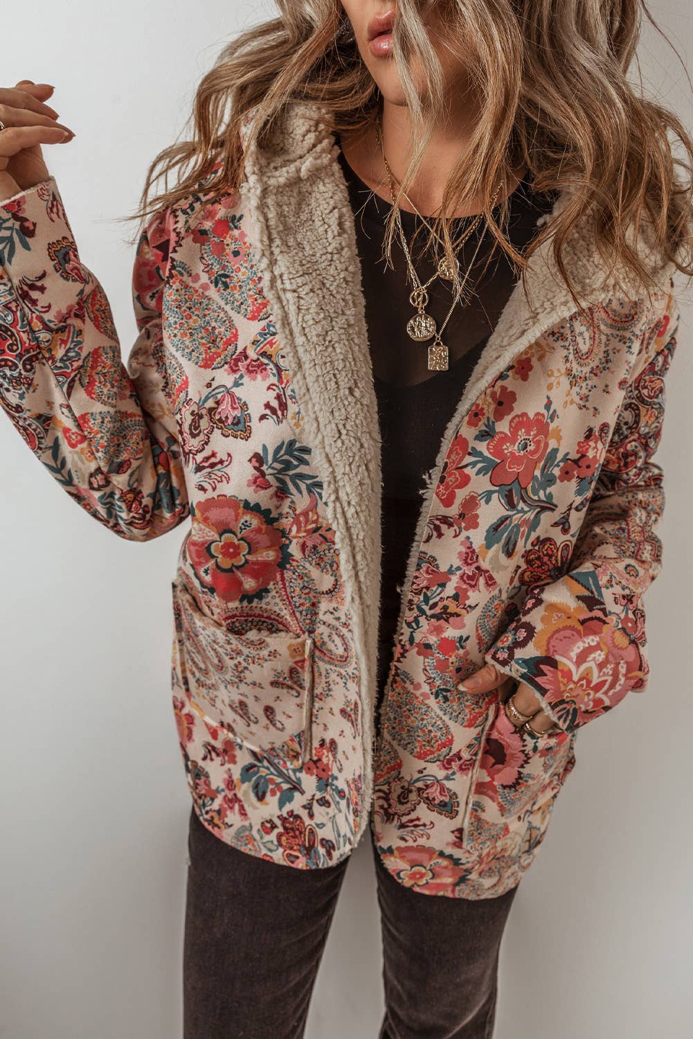 Vintage Paisley Floral Sherpa Lined Hooded Jacket - Beige