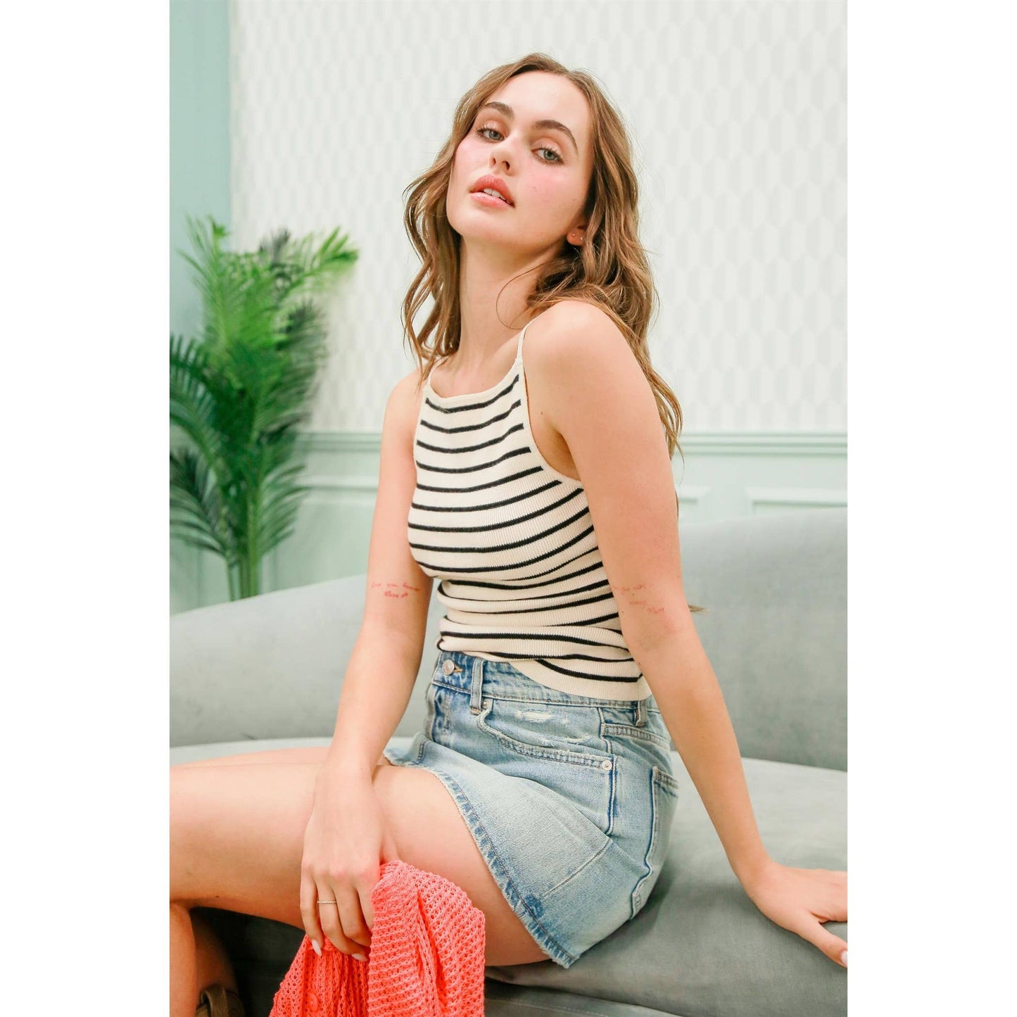 Striped Knit Halter Neck Cami Top