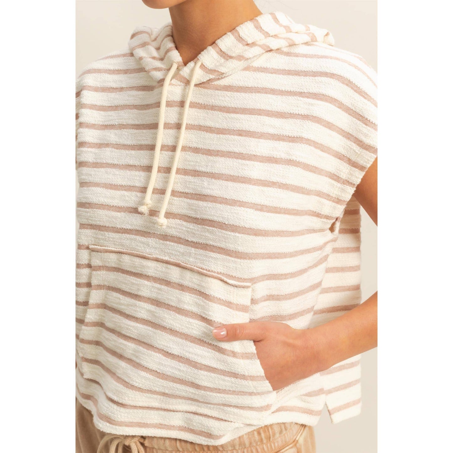 Striped Short Sleeve Pullover Hoodie Top