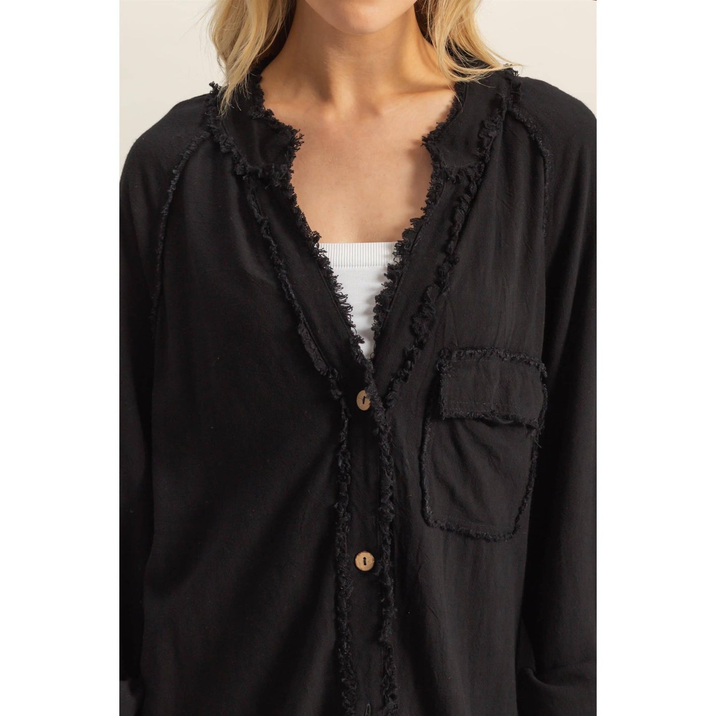 Double Gauze Raw Edge V Neck Tunic Top