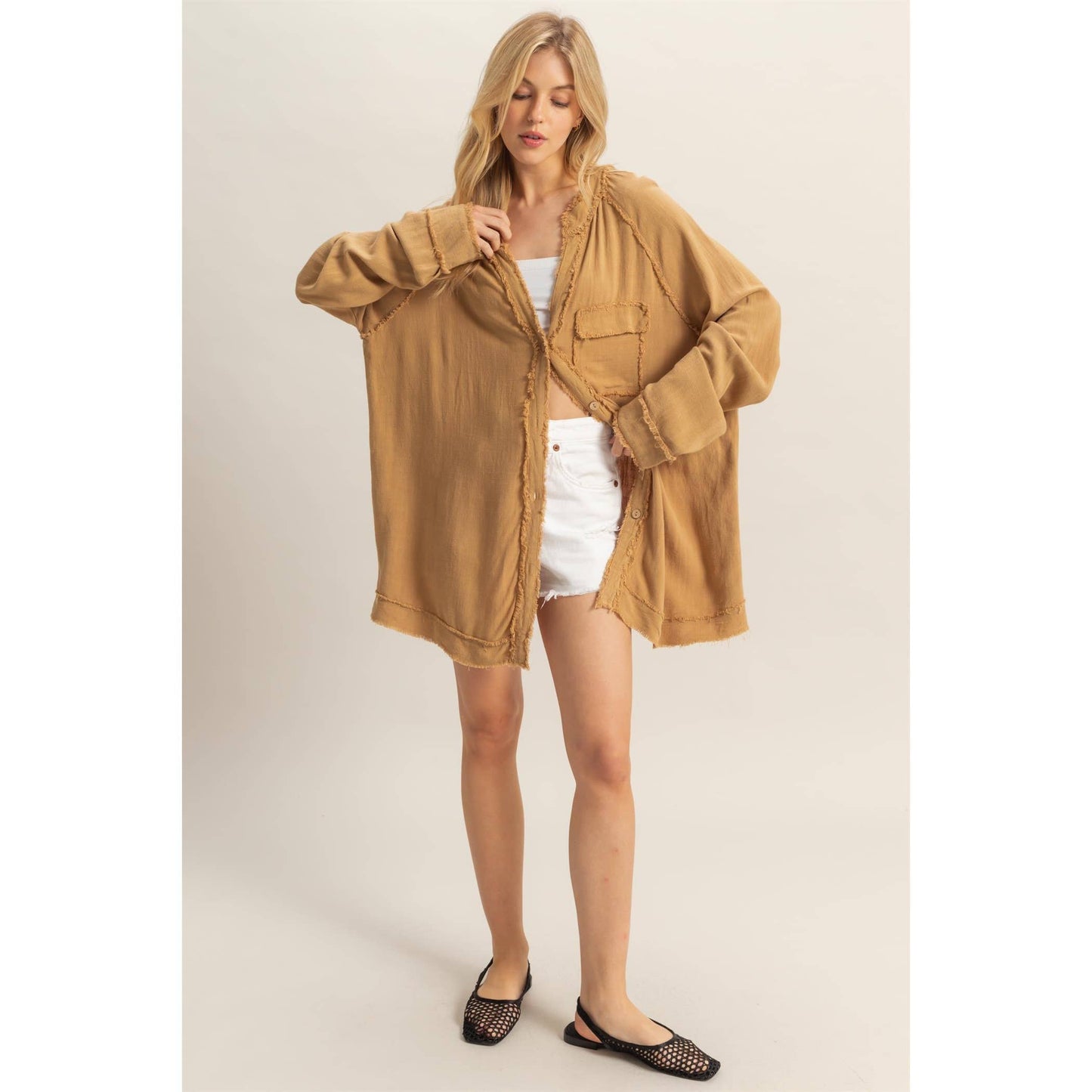 Double Gauze Raw Edge V Neck Tunic Top