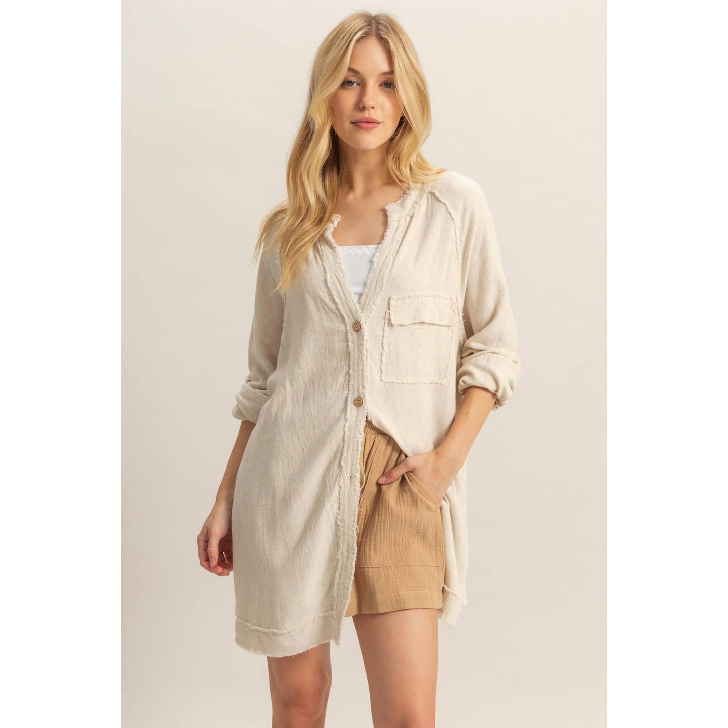 Double Gauze Raw Edge V Neck Tunic Top