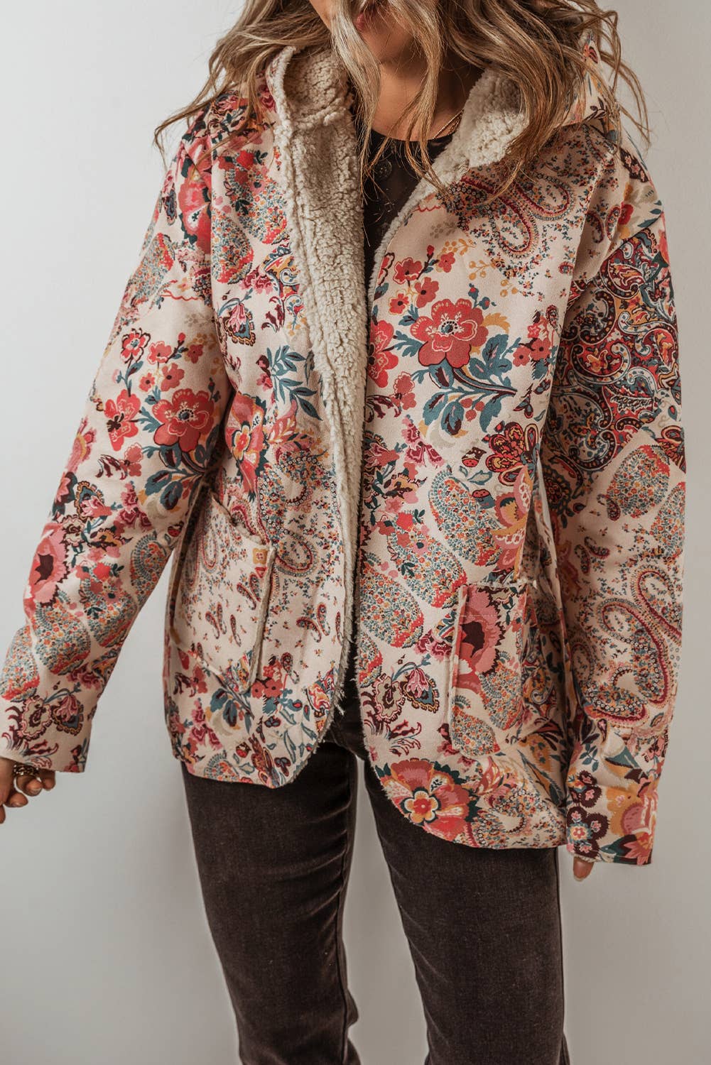Vintage Paisley Floral Sherpa Lined Hooded Jacket - Beige