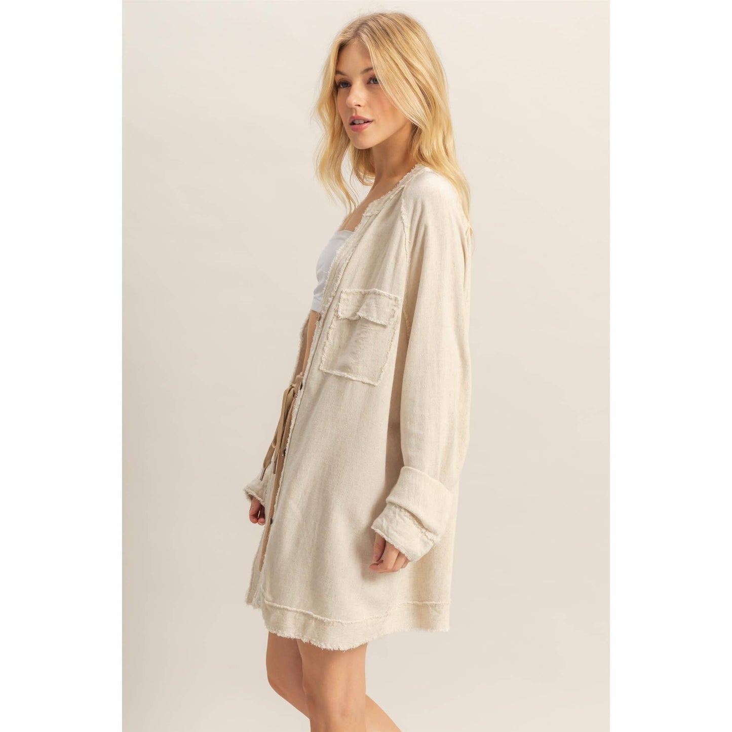 Double Gauze Raw Edge V Neck Tunic Top