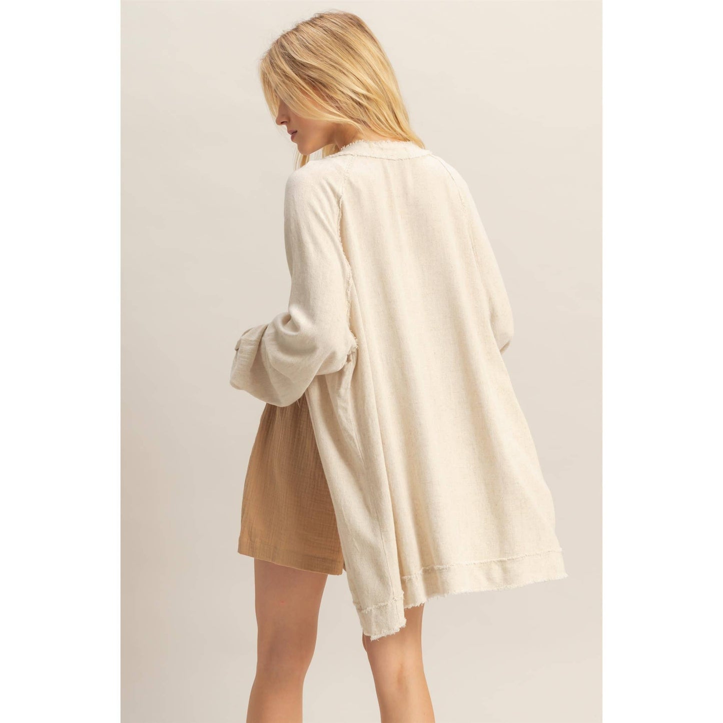 Double Gauze Raw Edge V Neck Tunic Top