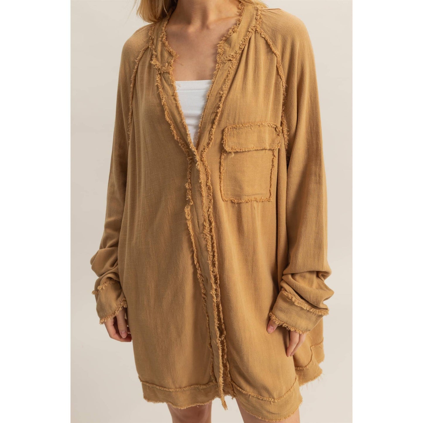 Double Gauze Raw Edge V Neck Tunic Top