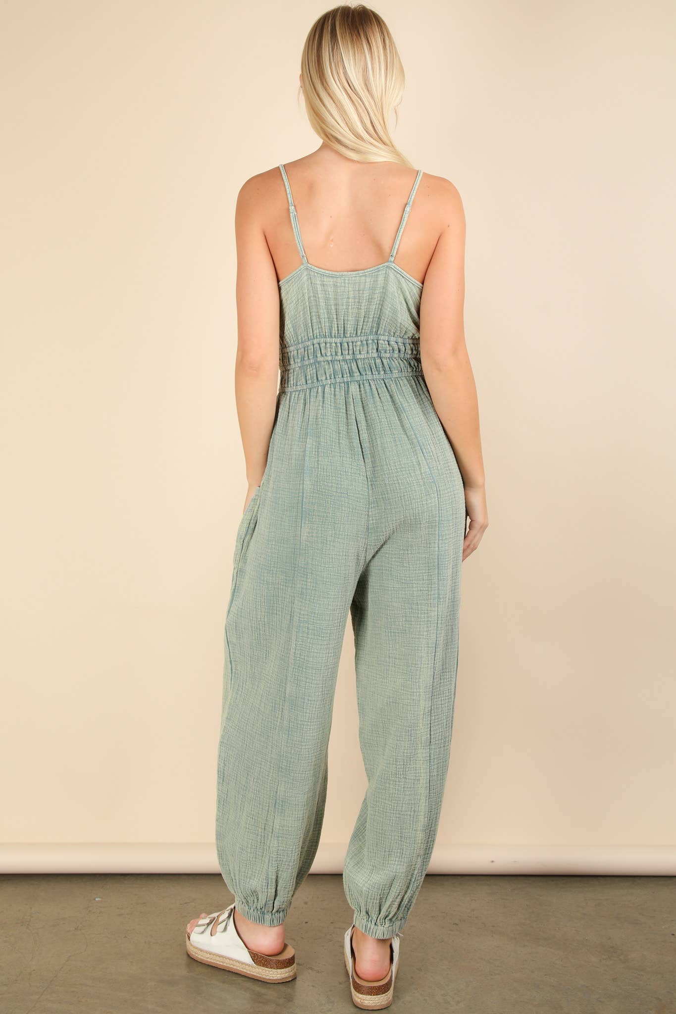 Mineral Washed Cotton Gauze Casual Jumpsuit: DENIM