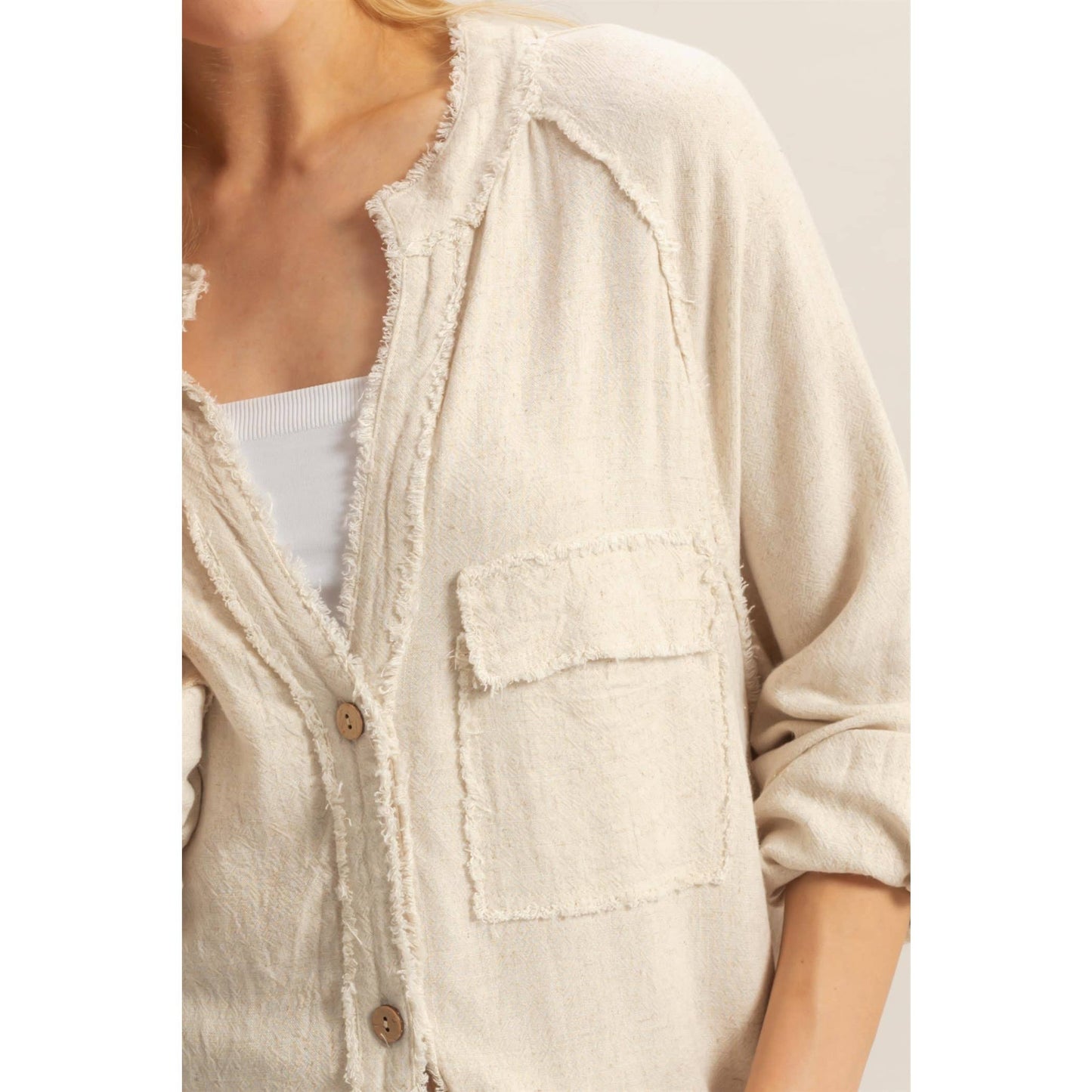 Double Gauze Raw Edge V Neck Tunic Top