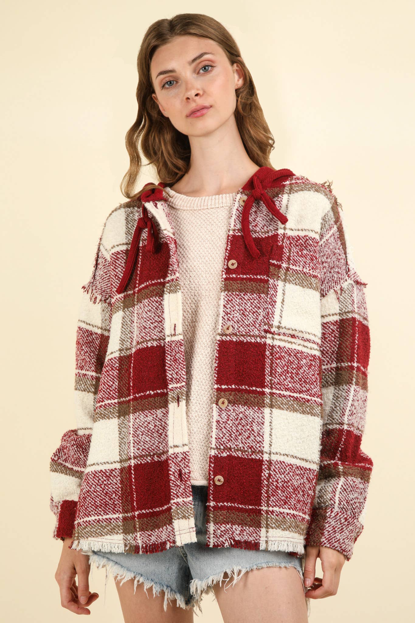 Oversized Plaid Casual Hoodie Shacket Jacket - Gray