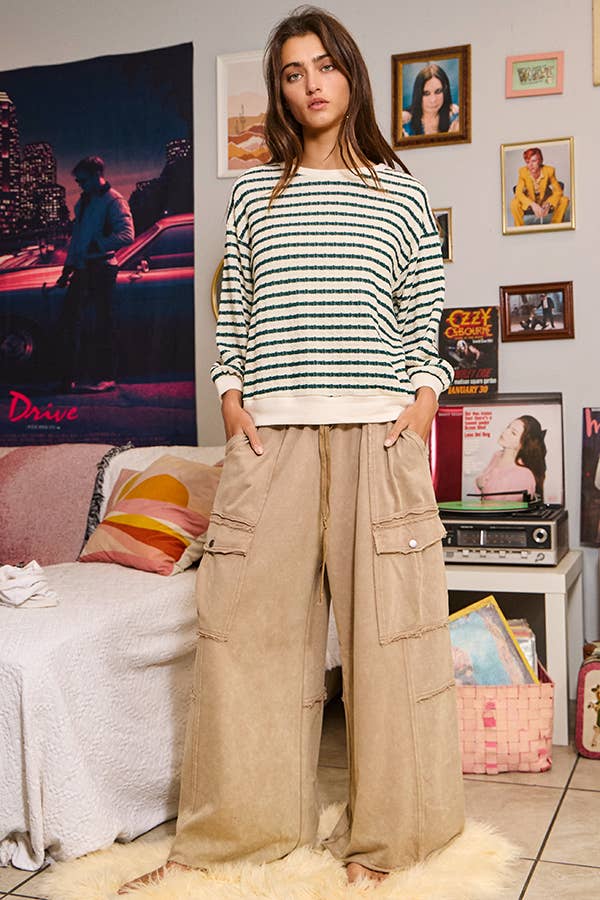 Mineral Washed Wide Leg Cargo Pants - Light brown