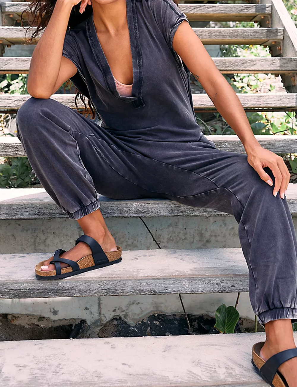 Acid Washed V-Neckline Pocketed Jumpsuit