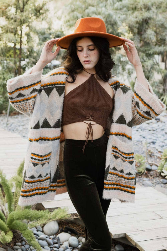 Boho Faux Fur Ruana Wrap with Cozy Pockets - Tribal Cardigan