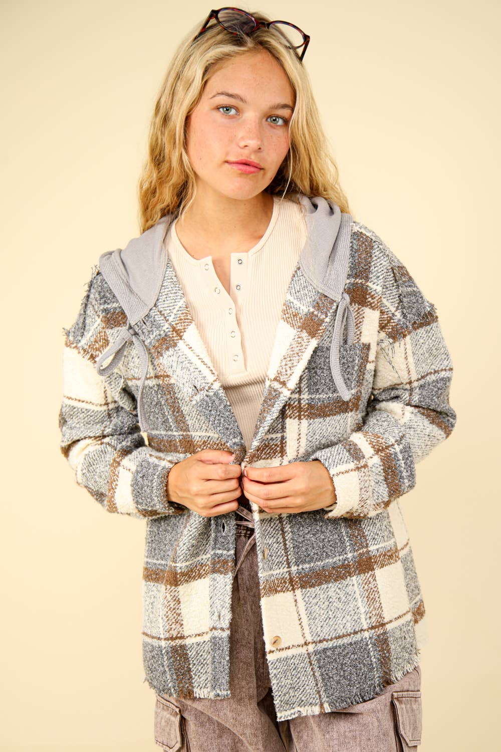 Oversized Plaid Casual Hoodie Shacket Jacket - Gray