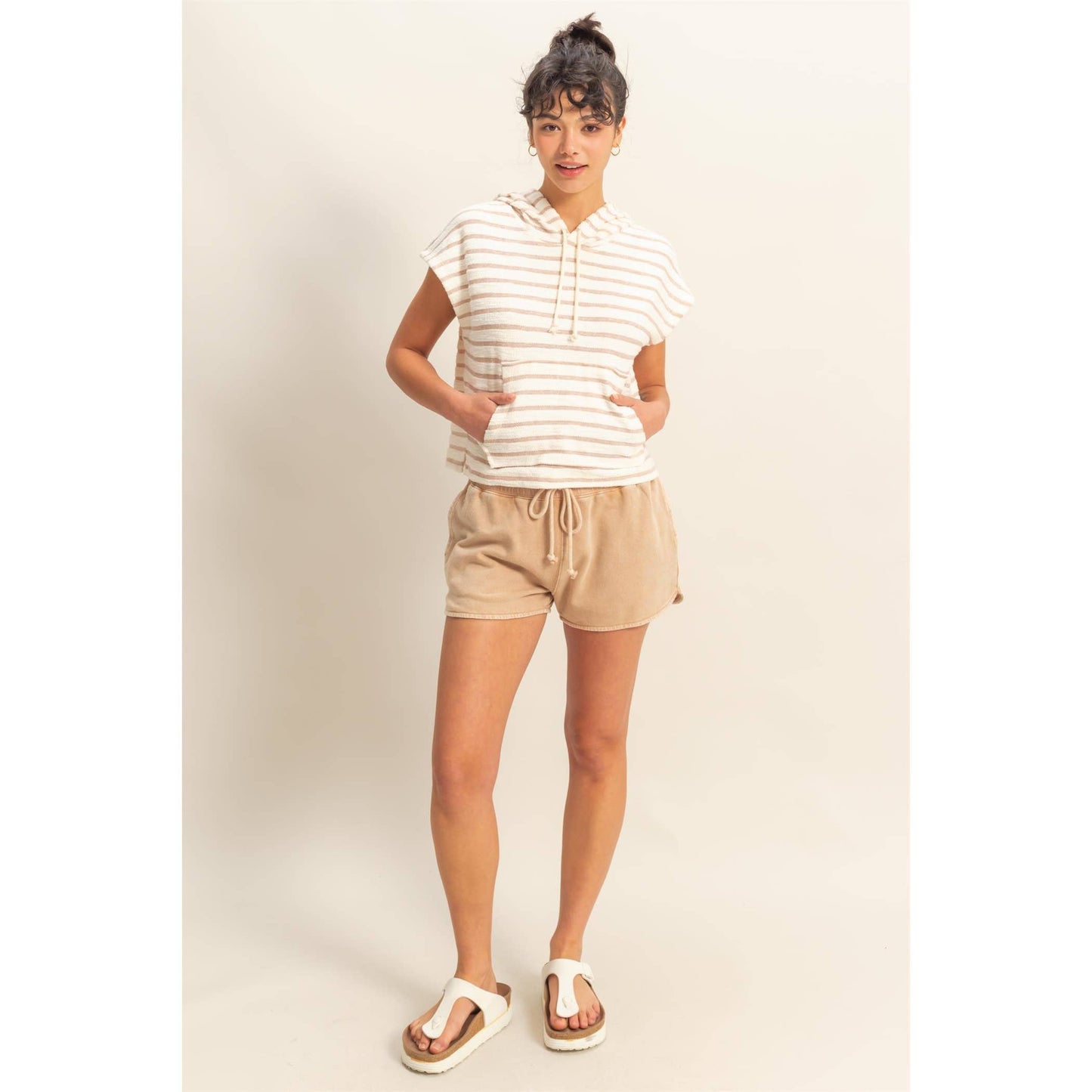Striped Short Sleeve Pullover Hoodie Top