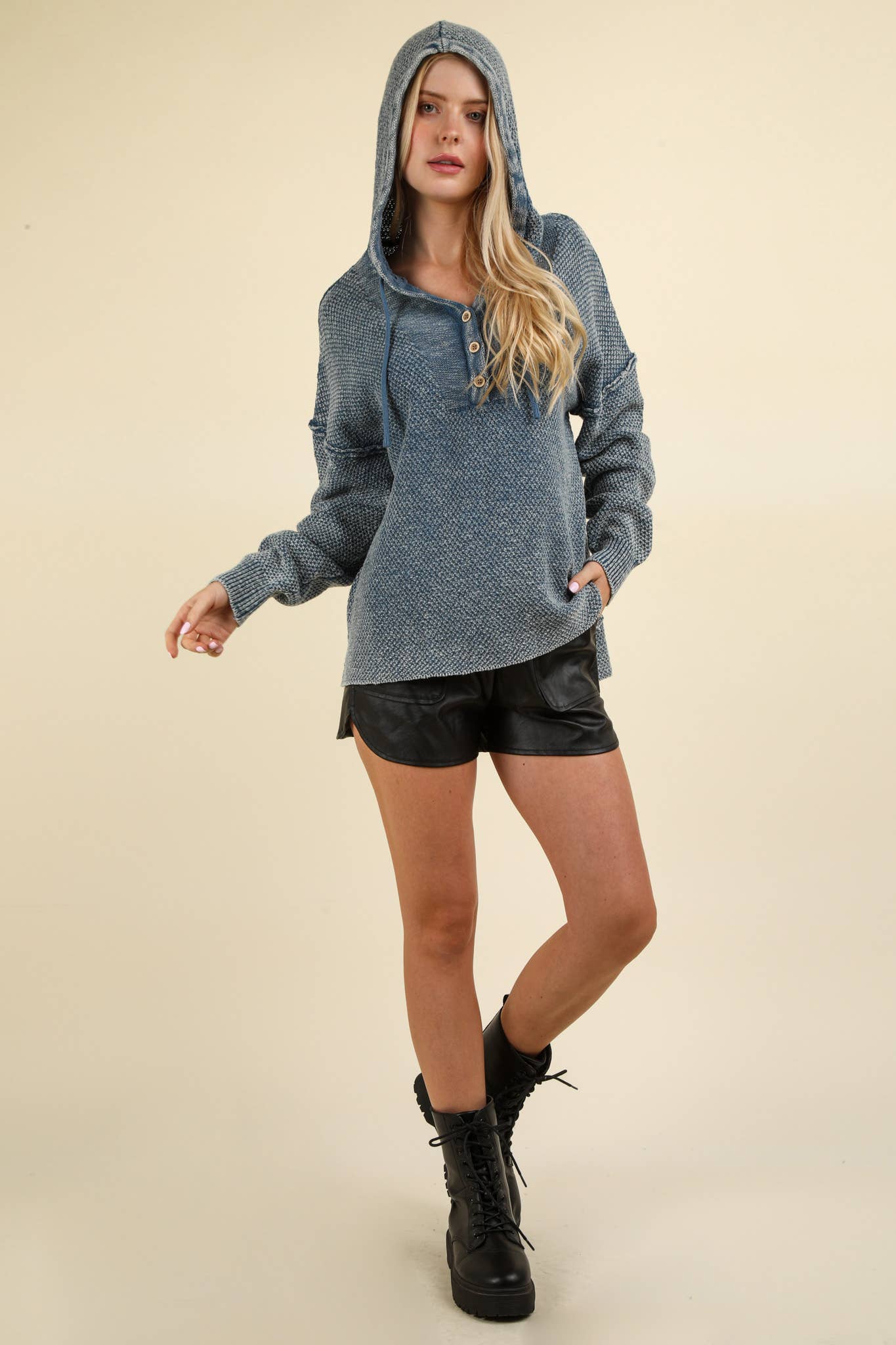 Mineral Washed Button Down Sweater Hooded Top