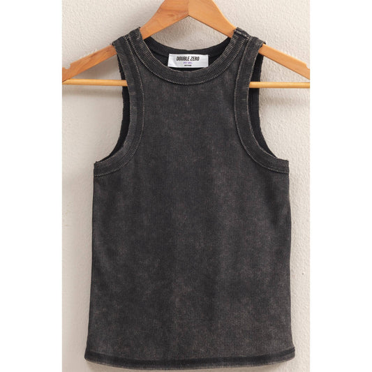 Washed Ribbed Round Neck Sleeveless Tank