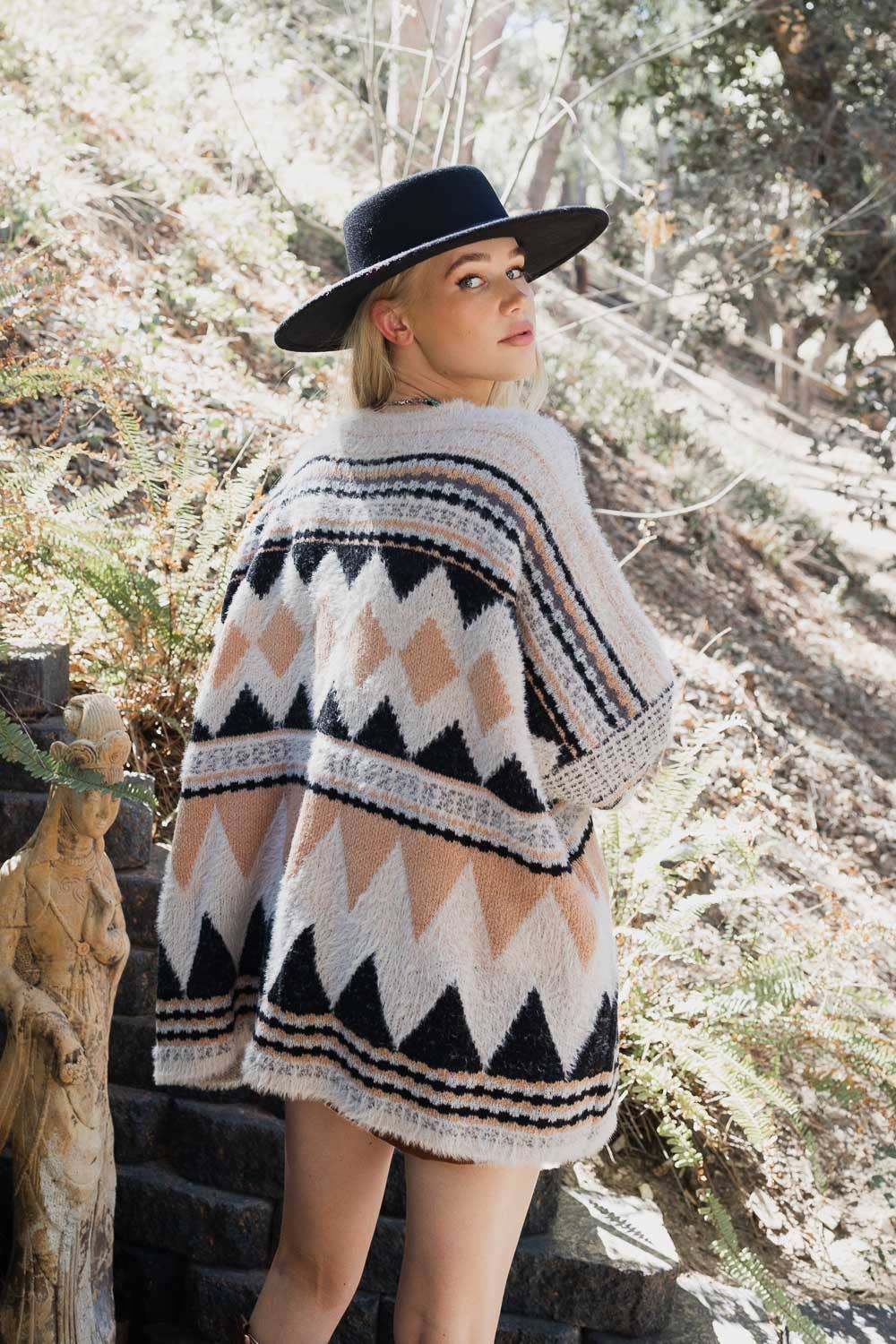 Boho Faux Fur Ruana Wrap with Cozy Pockets - Tribal Cardigan